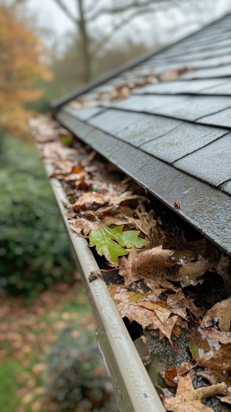 Cluttered rain gutter filled with fallen leaves, showcasing nature chaos